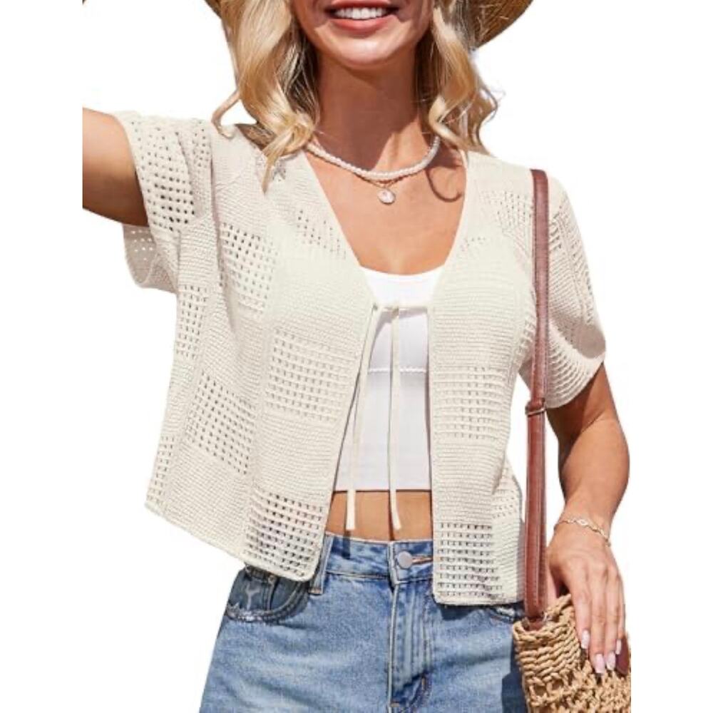 Women Crochet Knit Top Short Sleeve Tie Front Cardigan Summer Beige Shirt Size S